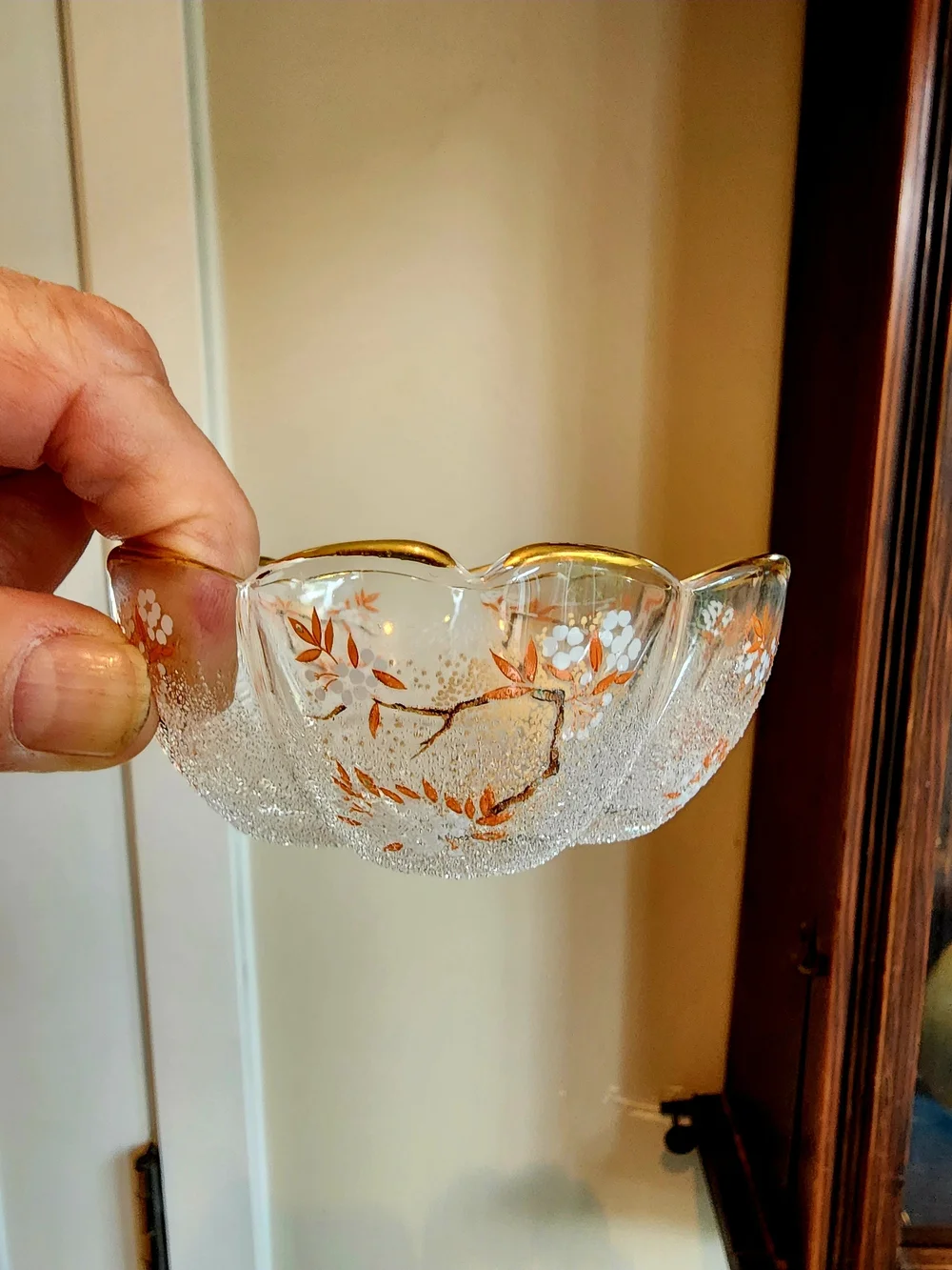 Japanese Gold Floral Glass Cup and Saucer Set with Gold Colored Spoons